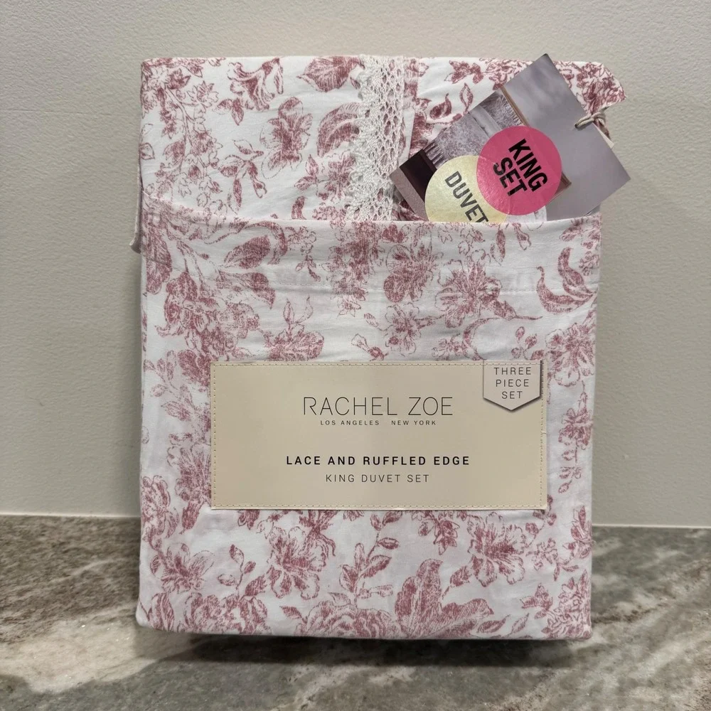 Rachel Zoe King Duvet Set 3pc Lace Ruffled Edge Mauve Floral Toile White NEW
